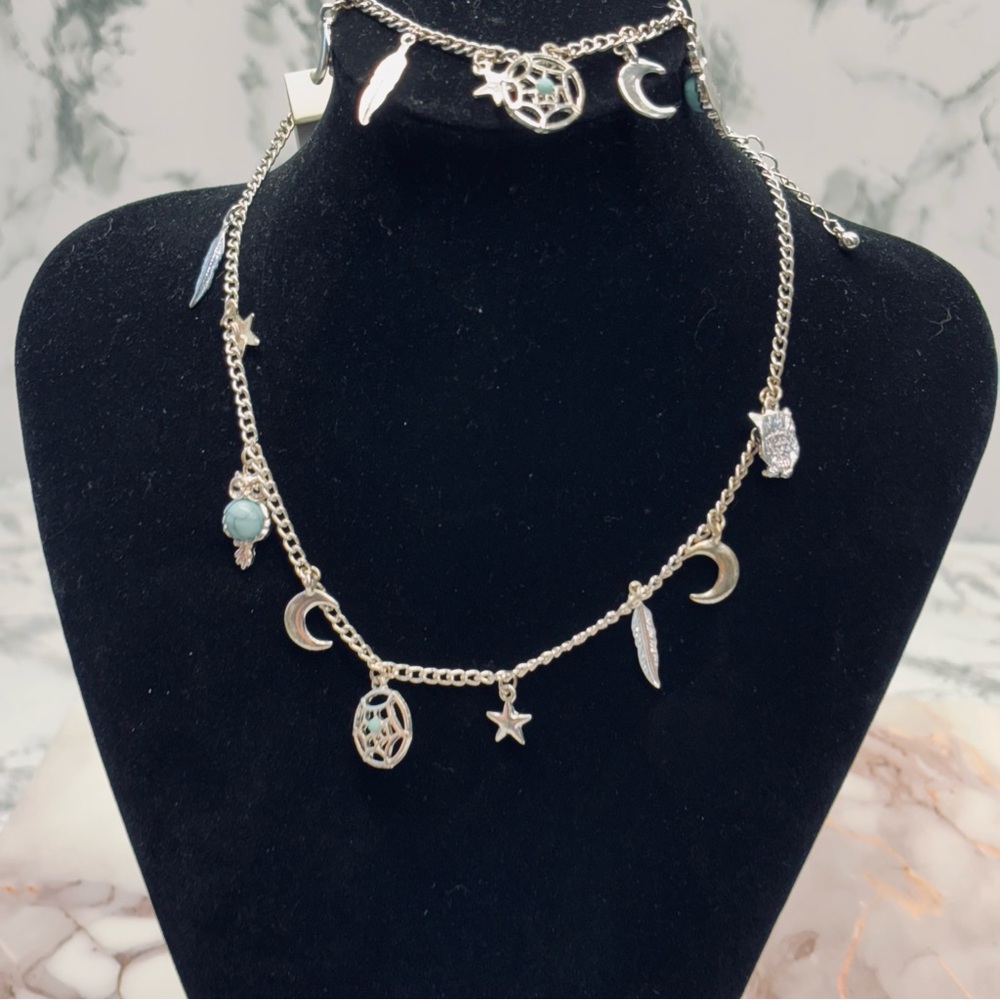 Lunar Silver Necklace with Celestial Charms and matching Bracelet